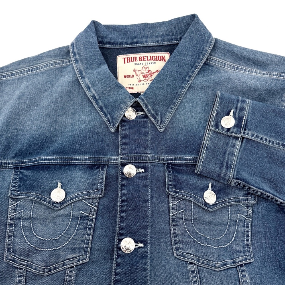 True Religion Denim Trucker Jacket Mens L Blue Excellent Stretch Horseshoe Logo